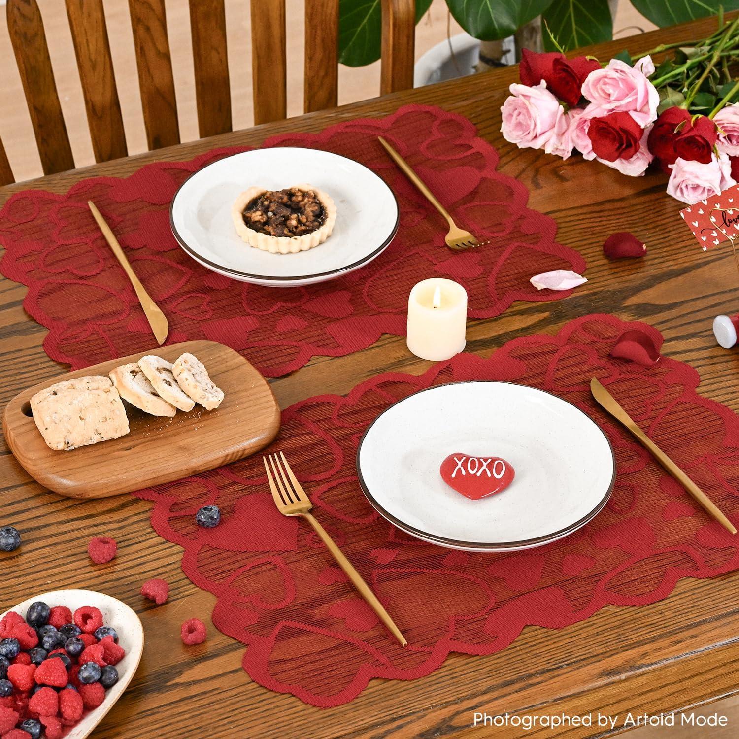 image:imageArtoid Mode Red Heart Lace Valentines Placemats Set of 4 12x18 Inch Table Mats for Wedding Anniversary Party Dining Table DecorationRed