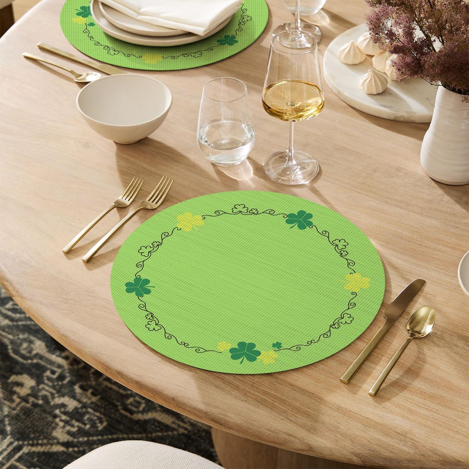 image:imageArtoid Mode Shamrock Green Vinyl St Patricks Day Round Placemats Set of 4 15 Inch Wipeable Spring PVC Woven Table Mats for Party Kitchen Dining Decor