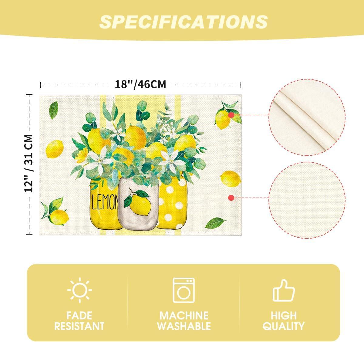 image:imageArtoid Mode Yellow Stripes Vase Lemon Summer Placemats Set of 4 12x18 Inch Seasonal Spring Table Mats for Party Kitchen Dining Decoration