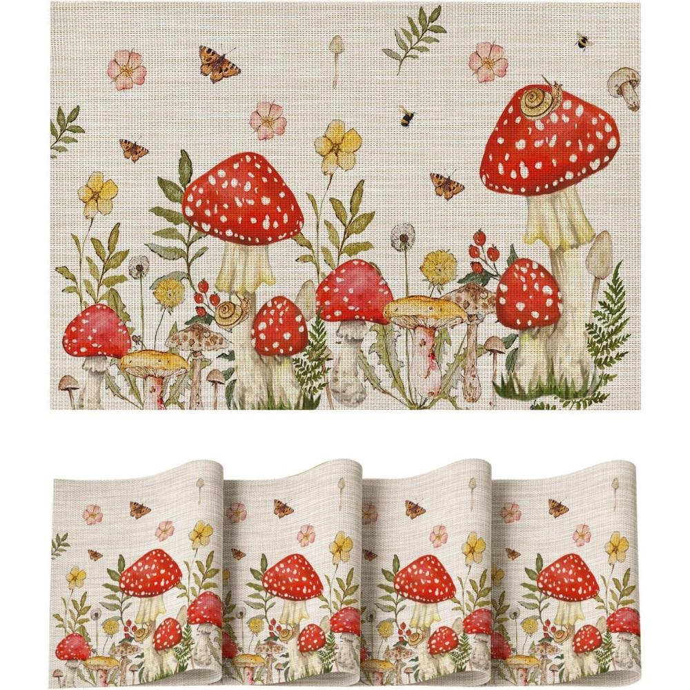 image:imageArtoid Mode Beige Mushroom Moth Flowers Placemats Set of 4 12x18 Inch Plastic Woven Wipeable NonSlip PVC Place Mats for Party Kitchen Dining DecorBeige