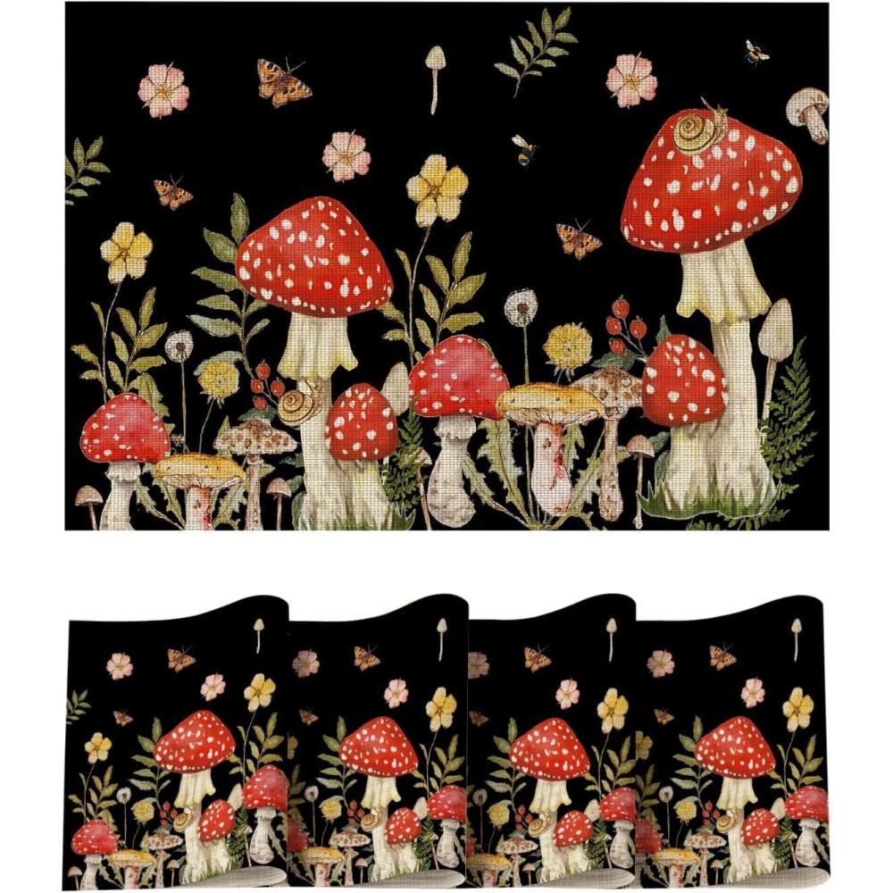 image:imageArtoid Mode Beige Mushroom Moth Flowers Placemats Set of 4 12x18 Inch Plastic Woven Wipeable NonSlip PVC Place Mats for Party Kitchen Dining DecorBlack