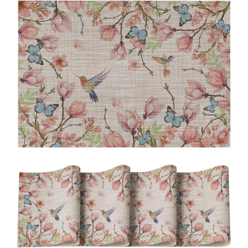 image:imageArtoid Mode Birds Flower Butterfly Placemats Set of 4 12x18 Inch Plastic Woven Wipeable NonSlip PVC Place Mats for Party Kitchen Dining DecorBeige