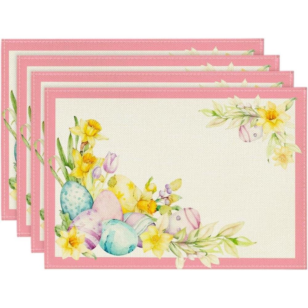 image:imageArtoid Mode Blue Bunny Eggs Flowers Leaves Easter Placemats Set of 4 12x18 Inch Seasonal Spring Holiday Table Mats for Party Kitchen Dining DecorationPink