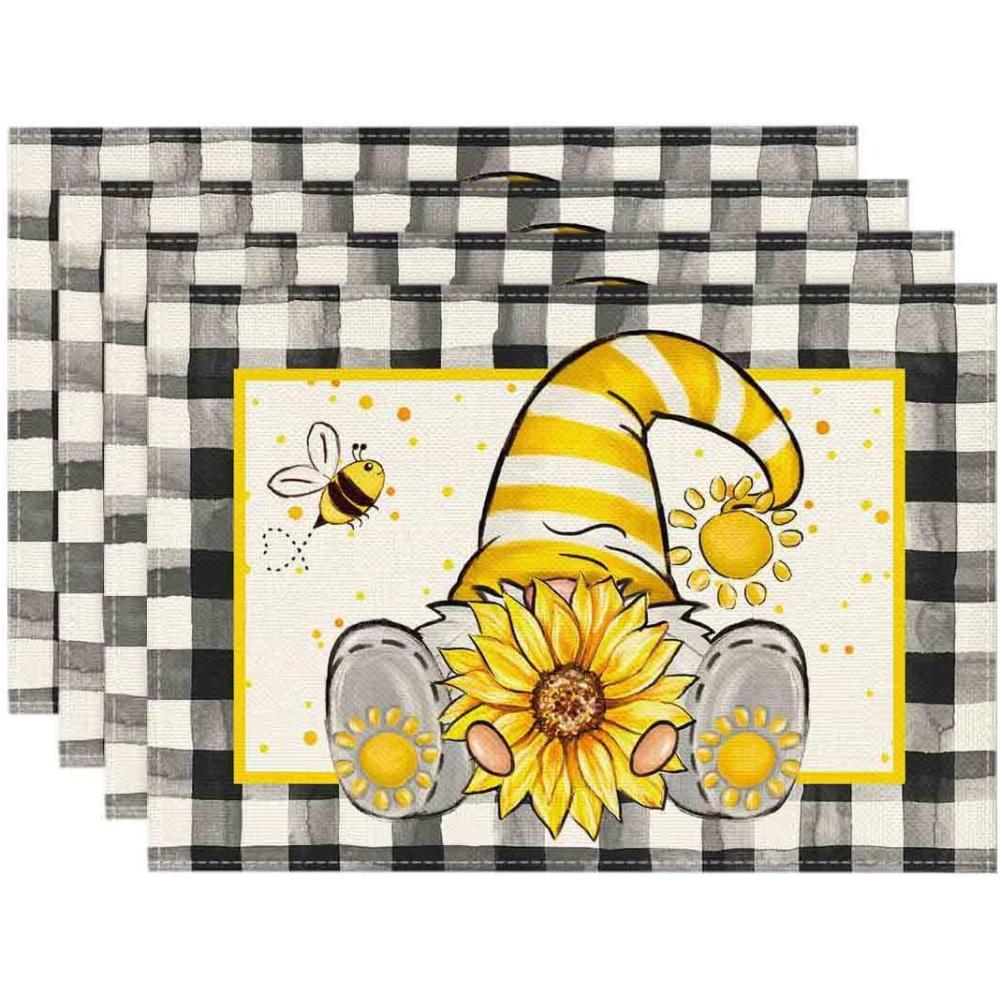 image:imageArtoid Mode Buffalo Plaid Gnome Bee Sunflower Summer Placemats Set of 4 12x18 Inch Seasonal Spring Table Mats for Party Kitchen Dining DecorationBlackWhite