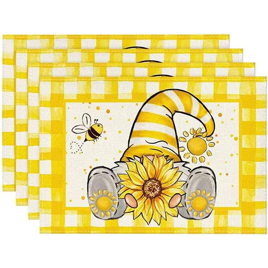 image:imageArtoid Mode Buffalo Plaid Gnome Bee Sunflower Summer Placemats Set of 4 12x18 Inch Seasonal Spring Table Mats for Party Kitchen Dining DecorationYellowWhite