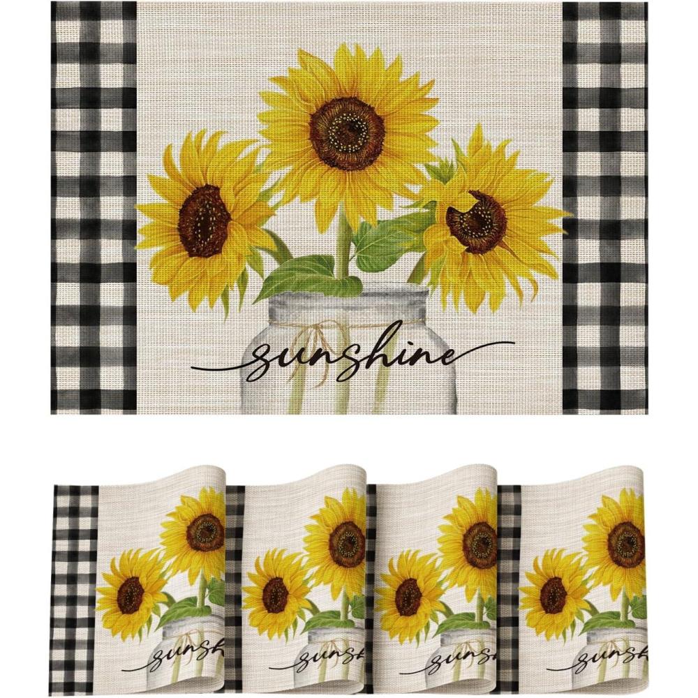 image:imageArtoid Mode Buffalo Plaid Sunflower Vase Spring Placemats Set of 4 12x18 Inch Seasonal Holiday Table Mats for Party Kitchen Dining Decoration