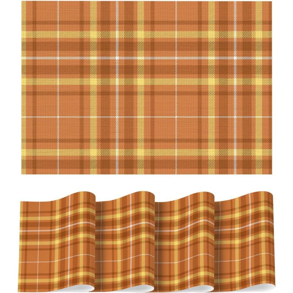 image:imageArtoid Mode Buffalo Plaid Vinyl Placemats Set of 4 12x18 Inch Washable NonSlip Heat Resistant Plastic Place Mats for Party Dining Table YellowWhiteOrange