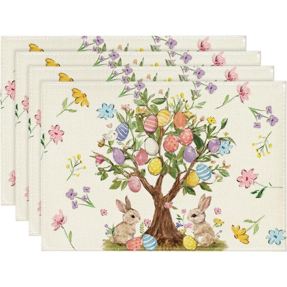 image:imageArtoid Mode Bunny Rabbit Eggs Tree Flowers Easter Placemats Set of 4 12x18 Inch Seasonal Spring Holiday Table Mats for Party Kitchen Dining DecorationBeige