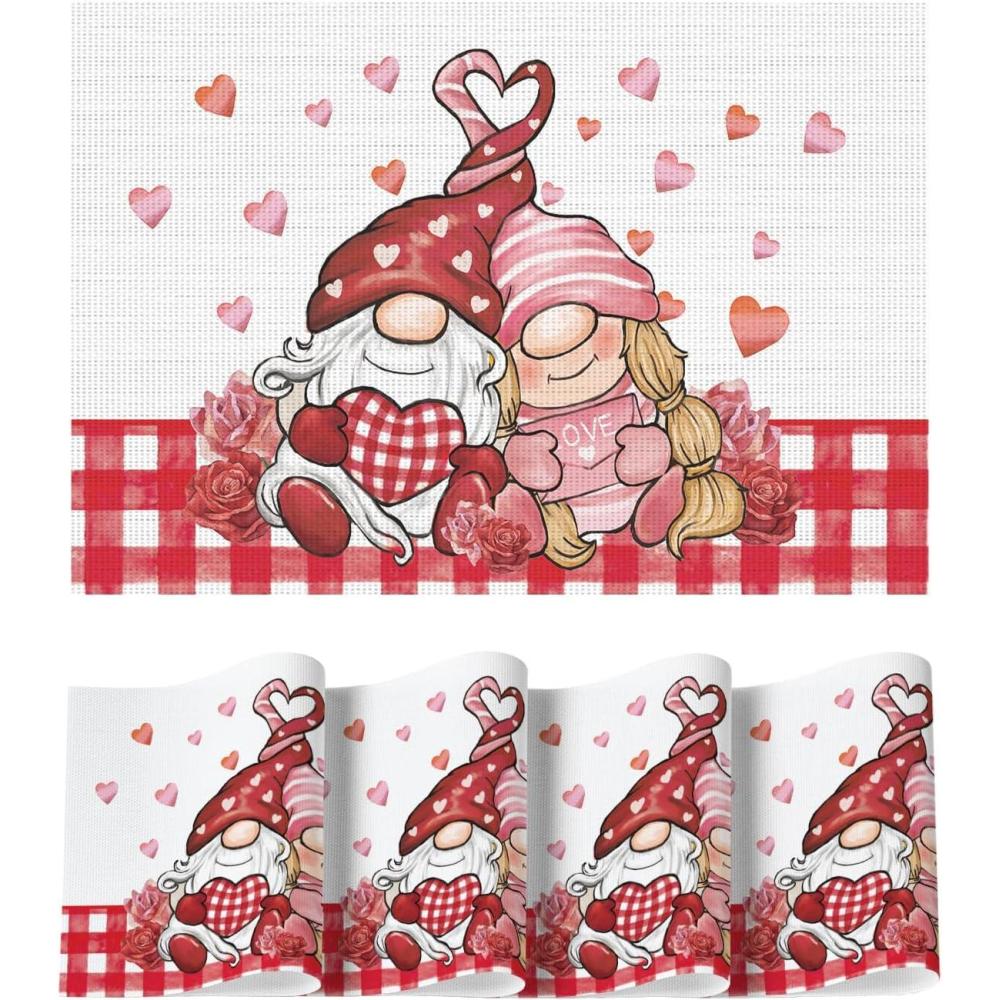 image:imageArtoid Mode Couple Gnomes Vinyl Valentines Placemats Set of 4 12x18 Inch Washable NonSlip Heat Resistant Plastic Place Mats for Party Dining Table Decor