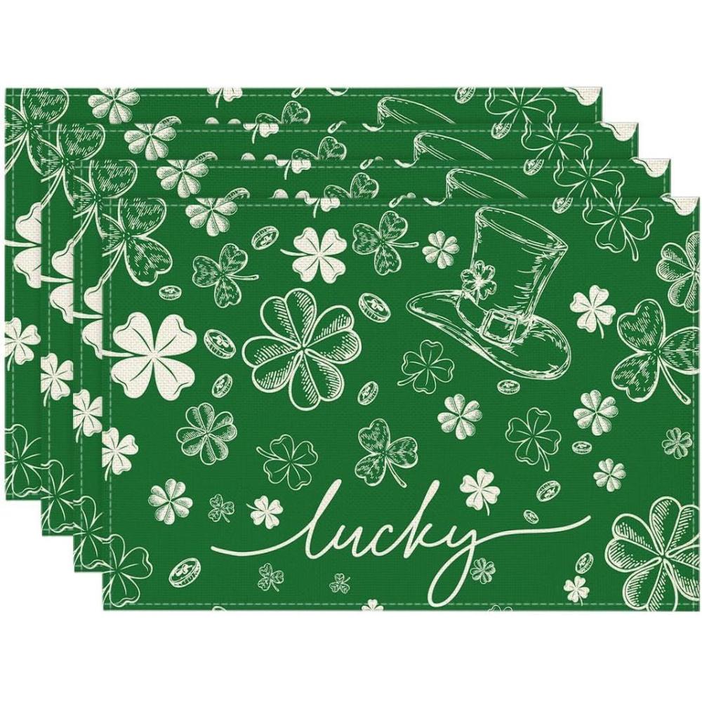 image:imageArtoid Mode Hat Clover Shamrocks Lucky St Patricks Day Placemats Set of 4 12x18 Inch Seasonal Spring Table Mats for Party Kitchen Dining DecorationGreen