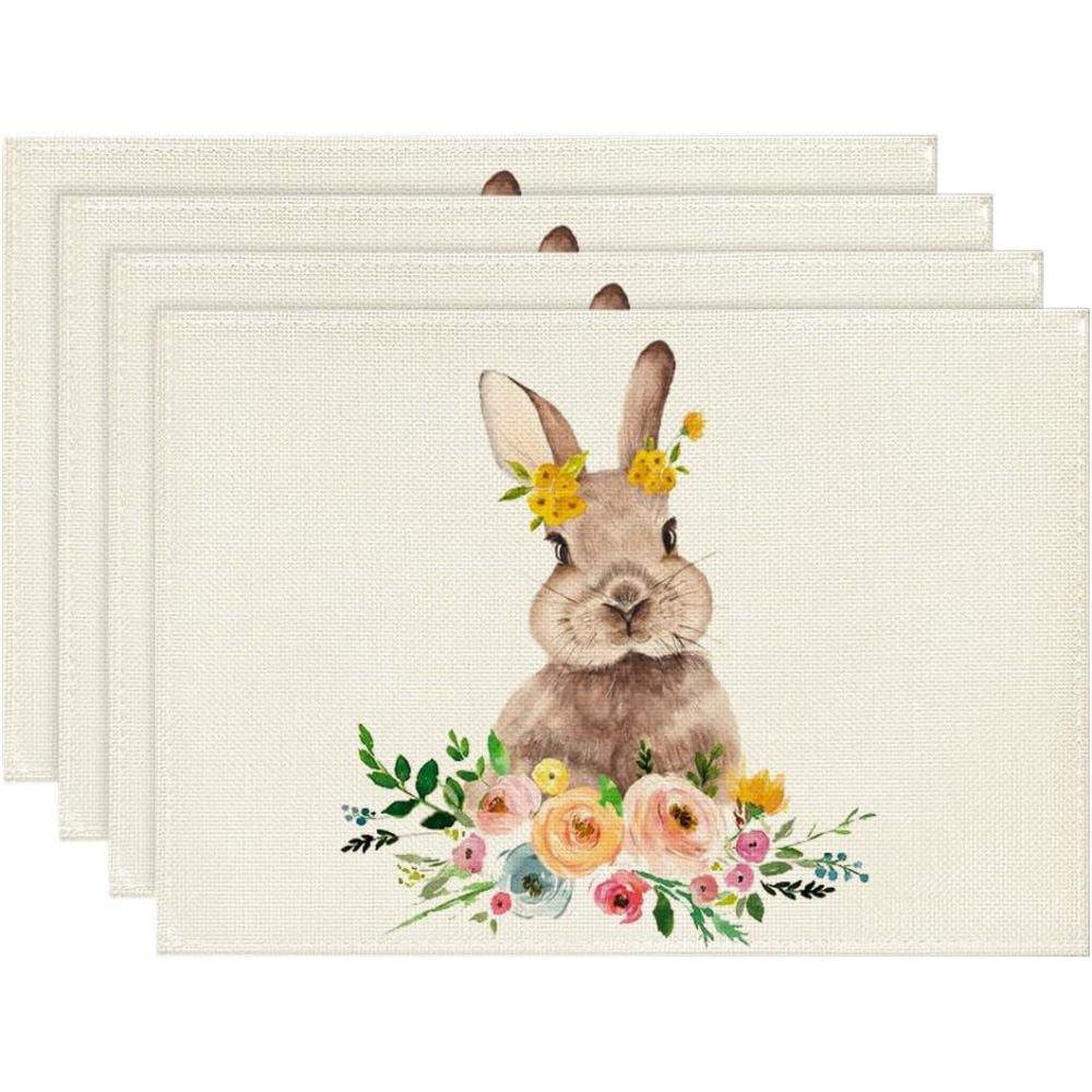 image:imageArtoid Mode Rabbit Bunny Flowers Easter Placemats for Dining Table 12 x 18 Inch Spring Summer Seasonal Holiday Rustic Vintage Washable Table Mats Set of 4Offwhite