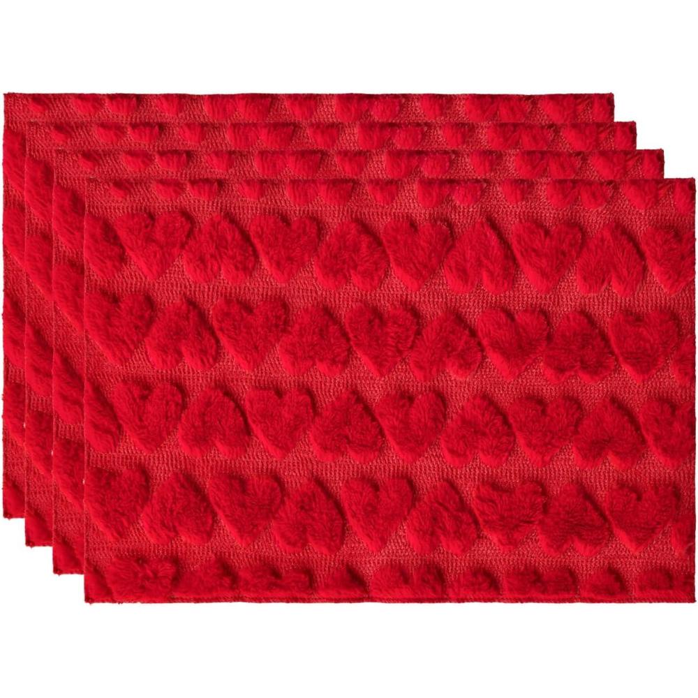 image:imageArtoid Mode Red Heart Placemats 12x18 Inch Seasonal Soft Plush Faux Fur Wool Table Mats for Party Kitchen Dining Decoration Set of 4Red