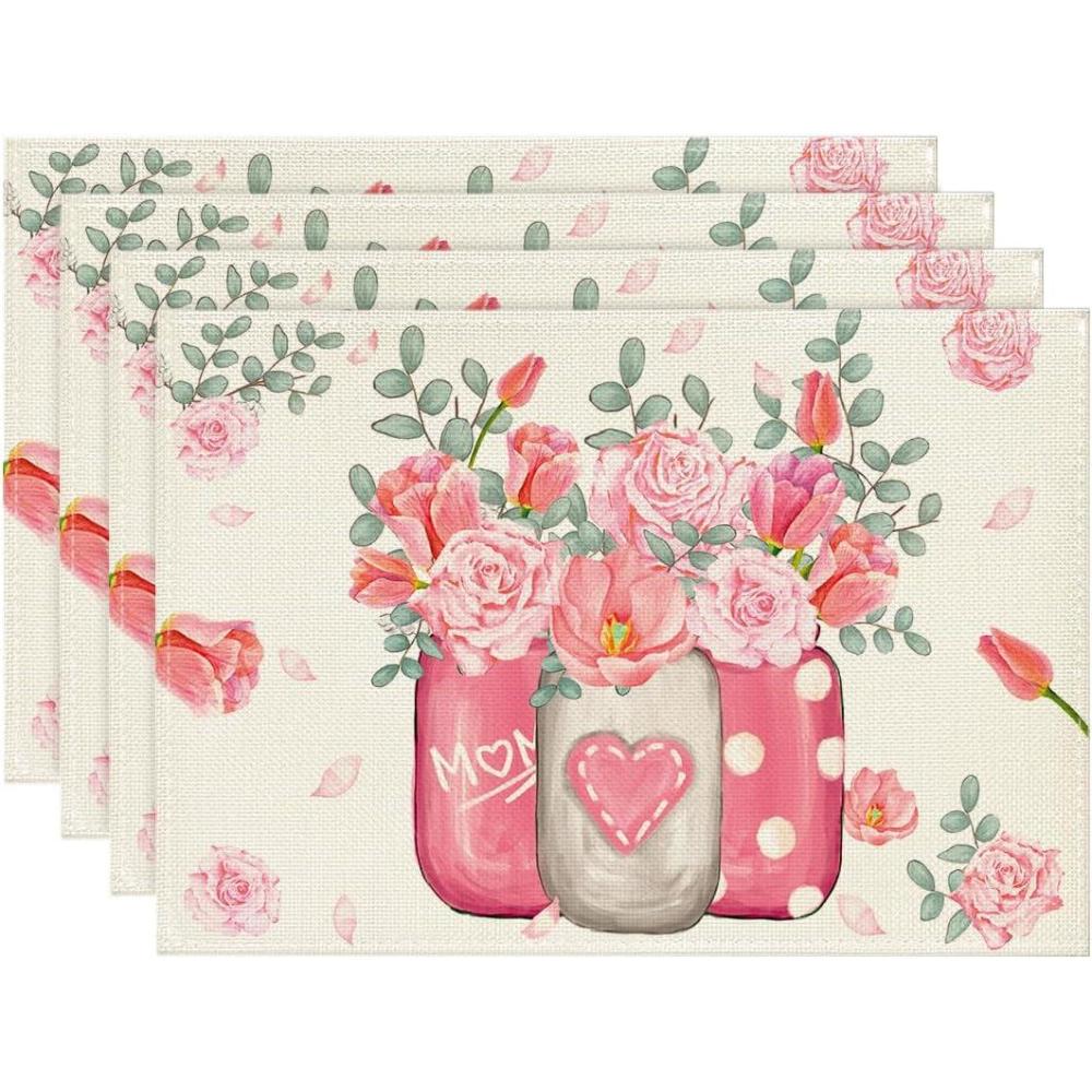 image:imageArtoid Mode Rose Vase Mothers Day Placemats Set of 4 12x18 Inch Seasonal Spring Holiday Table Mats for Party Kitchen Dining Decoration