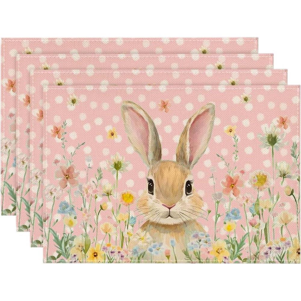 image:imageArtoid Mode Yellow Bunny Polka Dot Easter Placemats Set of 4 12x18 Inch Flower Seasonal Spring Holiday Table Mats for Party Kitchen Dining DecorationPink