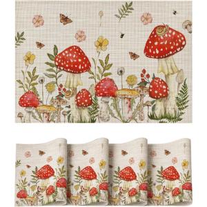 Artoid Mode Beige Mushroom Moth Flowers Placemats Set of 4, 12×18 Inch Plastic Woven Wipeable Non-Slip PVC Place Mats for Party Kitchen Dining Decor(Beige)
