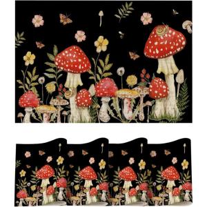 Artoid Mode Beige Mushroom Moth Flowers Placemats Set of 4, 12×18 Inch Plastic Woven Wipeable Non-Slip PVC Place Mats for Party Kitchen Dining Decor(Black)