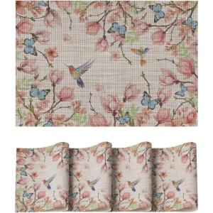 Artoid Mode Birds Flower Butterfly Placemats Set of 4, 12×18 Inch Plastic Woven Wipeable Non-Slip PVC Place Mats for Party Kitchen Dining Decor(Beige)