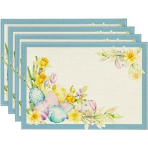 Artoid Mode Blue Bunny Eggs Flowers Leaves Easter Placemats Set of 4, 12×18 Inch Seasonal Spring Holiday Table Mats for Party Kitchen Dining Decoration(Blue)