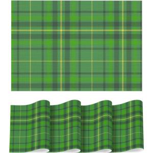 Artoid Mode Buffalo Plaid Vinyl Placemats Set of 4, 12×18 Inch Washable Non-Slip Heat Resistant Plastic Place Mats for Party Dining Table, Yellow/White(Green)