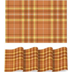 Artoid Mode Buffalo Plaid Vinyl Placemats Set of 4, 12×18 Inch Washable Non-Slip Heat Resistant Plastic Place Mats for Party Dining Table, Yellow/White(Orange)