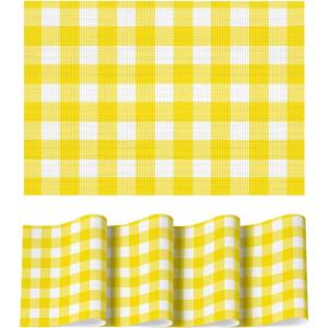 Artoid Mode Buffalo Plaid Vinyl Placemats Set of 4, 12×18 Inch Washable Non-Slip Heat Resistant Plastic Place Mats for Party Dining Table, Yellow/White(Yellow/White)