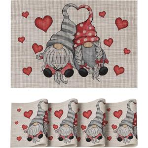 Artoid Mode Couple Gnomes Hearts Vinyl Valentines Placemats Set of 4, 12×18 Inch Washable Heat Resistant Plastic Place Mats for Party Dining Table Decor
