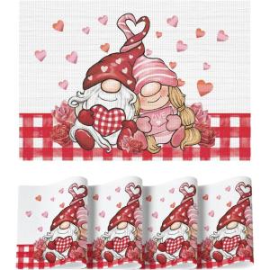 Artoid Mode Couple Gnomes Vinyl Valentines Placemats Set of 4, 12×18 Inch Washable Non-Slip Heat Resistant Plastic Place Mats for Party Dining Table Decor