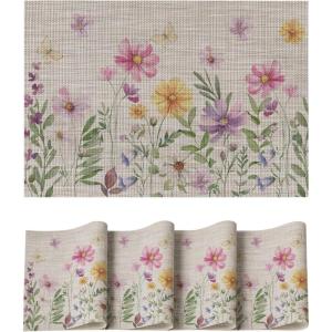 Artoid Mode Daisy Butterfly Wild Flower Spring Round Placemats Set of 4, 15 Inch Seasonal Holiday Table Mats for Party Kitchen Dining Decoration(Beige)