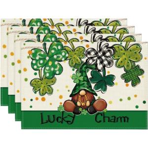 Artoid Mode Gnome Lucky Charm Lucky St. Patrick’s Day Placemats Set of 4, 12×18 Inch Seasonal Spring Table Mats for Party Kitchen Dining Decoration