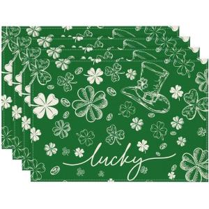 Artoid Mode Hat Clover Shamrocks Lucky St. Patrick’s Day Placemats Set of 4, 12×18 Inch Seasonal Spring Table Mats for Party Kitchen Dining Decoration(Green)