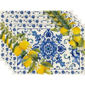 Artoid Mode Lemon Blue and White Porcelain Summer Placemats Set of 4, 12×18 Inch Vanilla Holiday Table Mats for Party Kitchen Dining Decoration