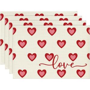 Artoid Mode Love Heart Red Placemats Set of 4, 12×18 Inch Wedding Anniversary Table Mats for Party Kitchen Dining Decoration(Beige)