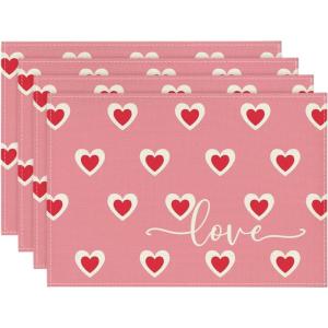 Artoid Mode Love Heart Red Placemats Set of 4, 12×18 Inch Wedding Anniversary Table Mats for Party Kitchen Dining Decoration(Pink)