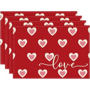 Artoid Mode Love Heart Red Placemats Set of 4, 12×18 Inch Wedding Anniversary Table Mats for Party Kitchen Dining Decoration(Red)