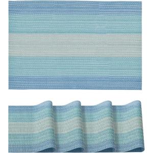 Artoid Mode Pink Vinyl Placemats Set of 4, Washable Heat Resistant Non-Slip Plastic PVC Place Mats for Farmhouse Holiday Party Dining Decor(Blue Stripe)