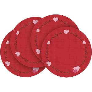 Artoid Mode Red Hearts Round Vinyl Valentines Placemats Set of 4, 14 Inch Mother’s Day Heat Resistant Plastic Place Mats for Party Dining Table Decor(Red)
