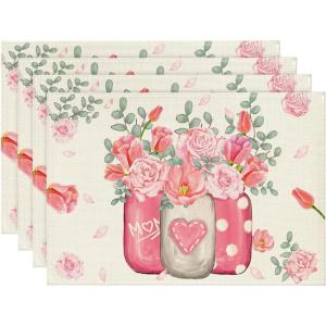 Artoid Mode Rose Vase Mother’s Day Placemats Set of 4, 12×18 Inch Seasonal Spring Holiday Table Mats for Party Kitchen Dining Decoration