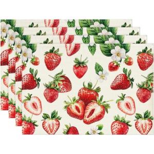 Artoid Mode Strawberry Fruit Summer Placemats Set of 4, 12×18 Inch Seasonal Spring Holiday Table Mats for Party Kitchen Dining Decoration(Beige/Strawberry)