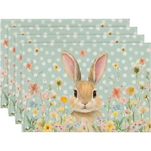 Artoid Mode Yellow Bunny Polka Dot Easter Placemats Set of 4, 12×18 Inch Flower Seasonal Spring Holiday Table Mats for Party Kitchen Dining Decoration(Blue)