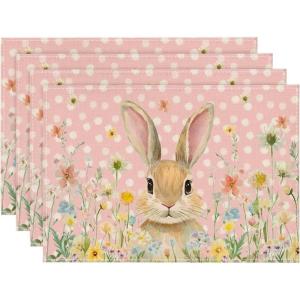 Artoid Mode Yellow Bunny Polka Dot Easter Placemats Set of 4, 12×18 Inch Flower Seasonal Spring Holiday Table Mats for Party Kitchen Dining Decoration(Pink)