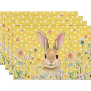 Artoid Mode Yellow Bunny Polka Dot Easter Placemats Set of 4, 12×18 Inch Flower Seasonal Spring Holiday Table Mats for Party Kitchen Dining Decoration(Yellow)