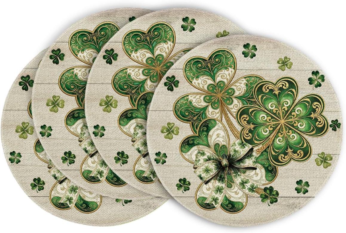 image:imageArtoid Mode Cloisonne Clover Round St Patricks Day Placemats Set of 4 14 Inch Seasonal Spring Shamrocks Table Mats for Kitchen Dining DecorationBeige