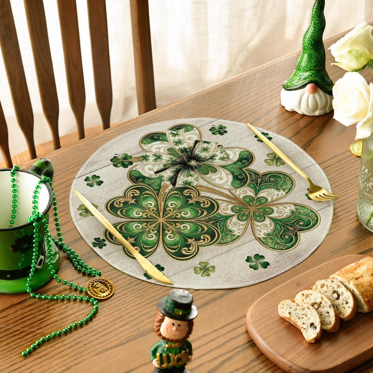 image:imageArtoid Mode Cloisonne Clover Round St Patricks Day Placemats Set of 4 14 Inch Seasonal Spring Shamrocks Table Mats for Kitchen Dining DecorationBeige