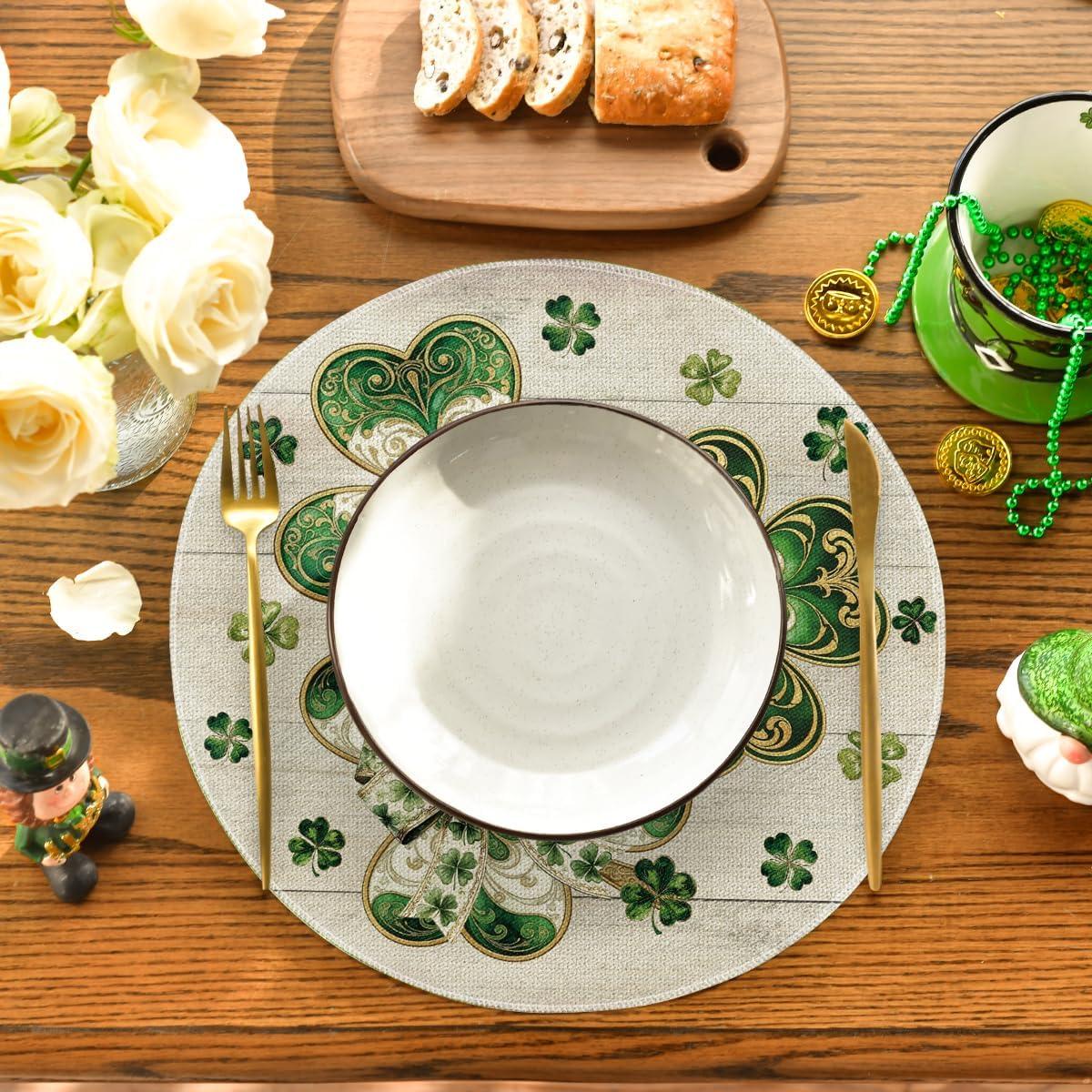 image:imageArtoid Mode Cloisonne Clover Round St Patricks Day Placemats Set of 4 14 Inch Seasonal Spring Shamrocks Table Mats for Kitchen Dining DecorationBeige