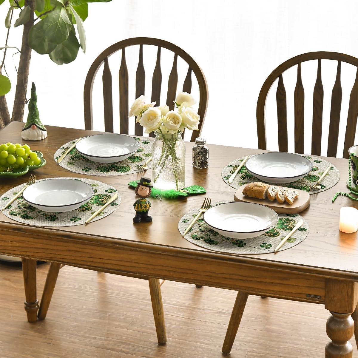 image:imageArtoid Mode Cloisonne Clover Round St Patricks Day Placemats Set of 4 14 Inch Seasonal Spring Shamrocks Table Mats for Kitchen Dining DecorationBeige