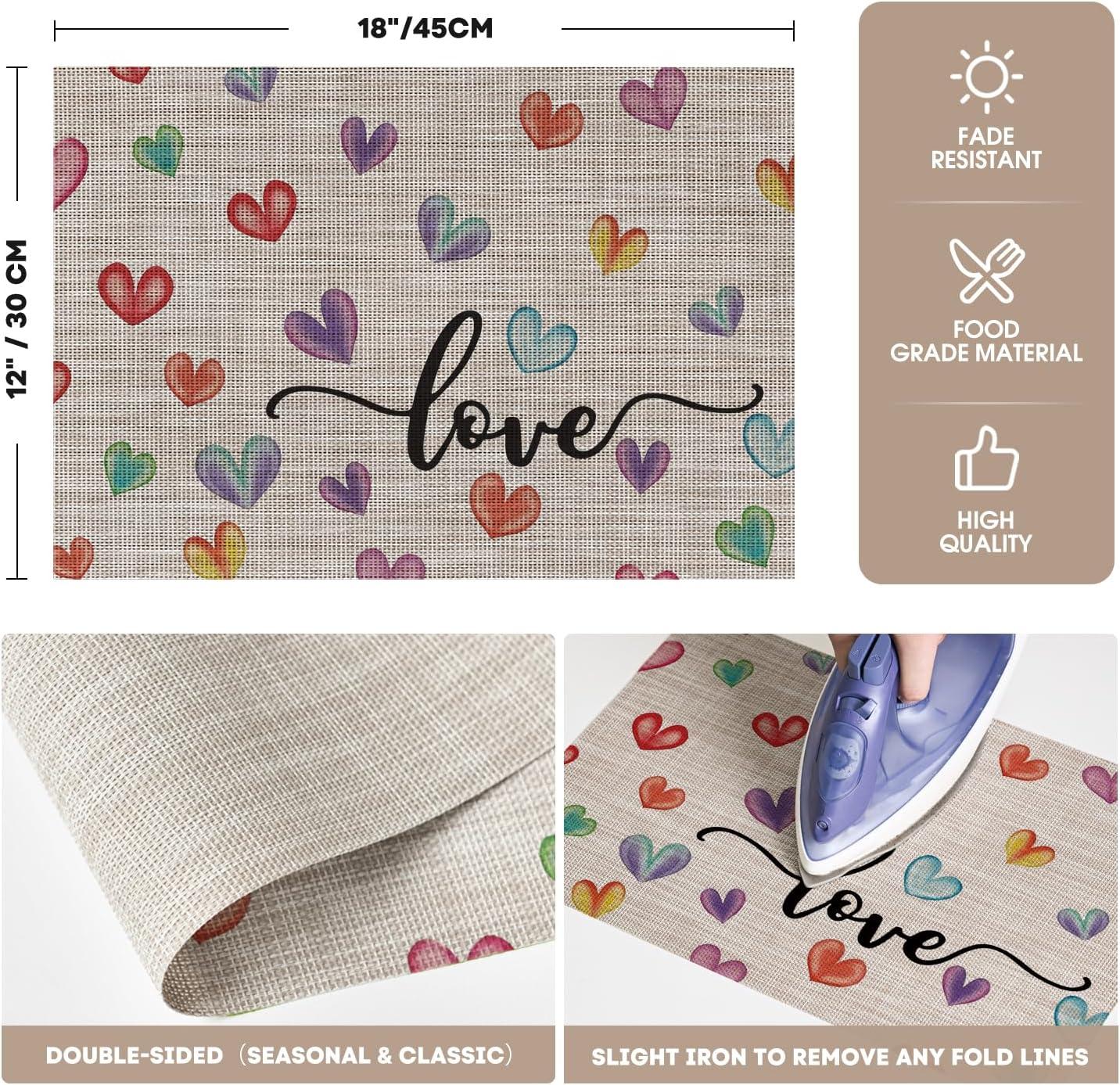 image:imageArtoid Mode Colorful Hearts Vinyl Valentines Placemats Set of 4 12x18 Inch Mothers Day Washable Heat Resistant Plastic Place Mats for Party Dining Table Decor