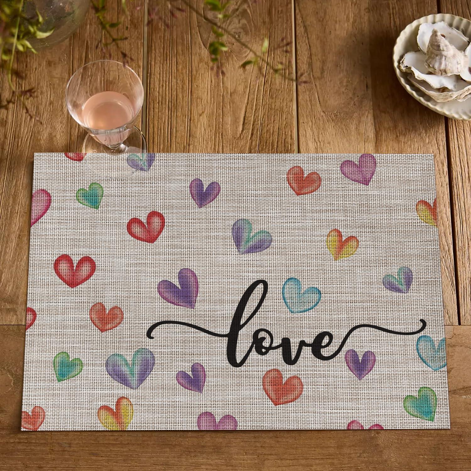 image:imageArtoid Mode Colorful Hearts Vinyl Valentines Placemats Set of 4 12x18 Inch Mothers Day Washable Heat Resistant Plastic Place Mats for Party Dining Table Decor