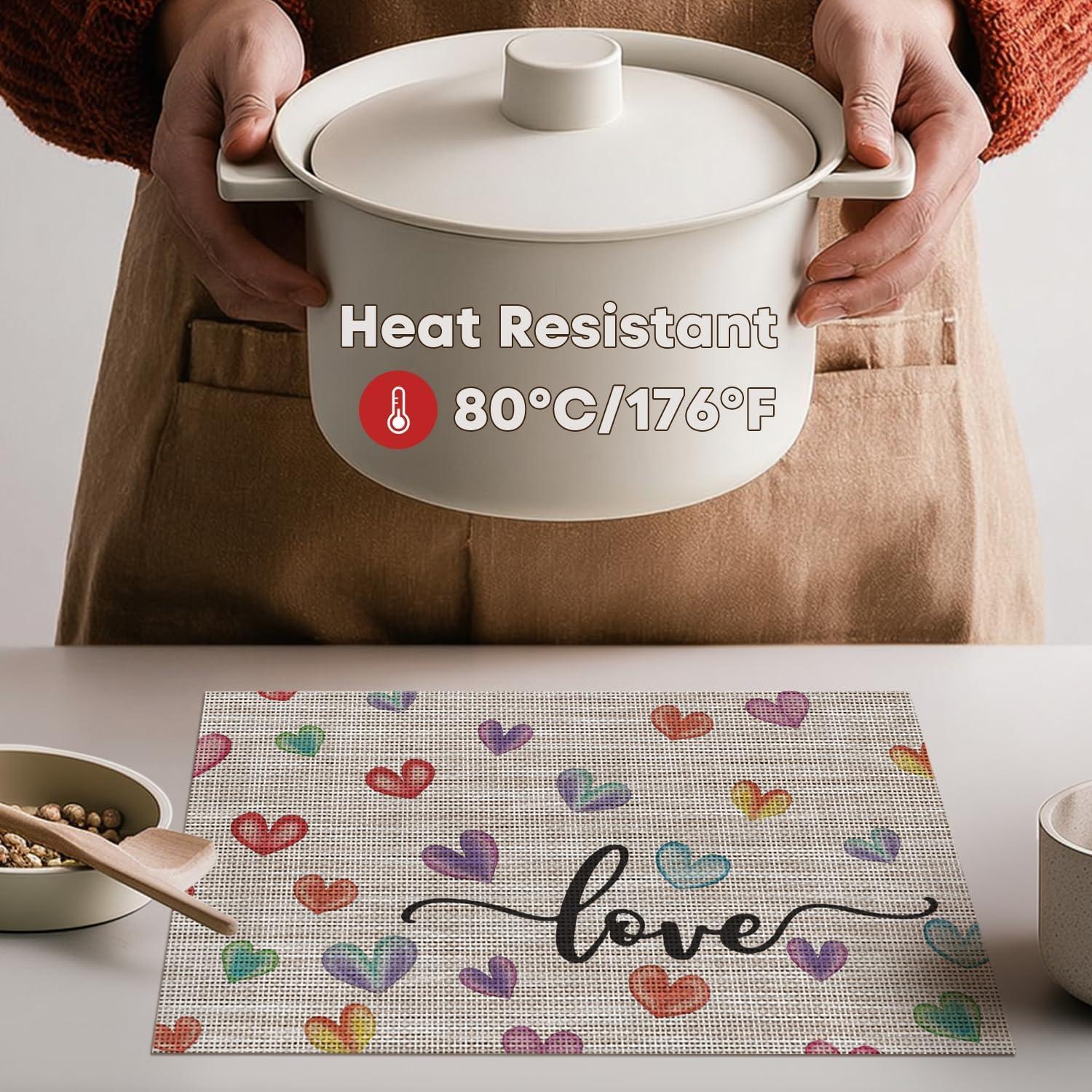 image:imageArtoid Mode Colorful Hearts Vinyl Valentines Placemats Set of 4 12x18 Inch Mothers Day Washable Heat Resistant Plastic Place Mats for Party Dining Table Decor