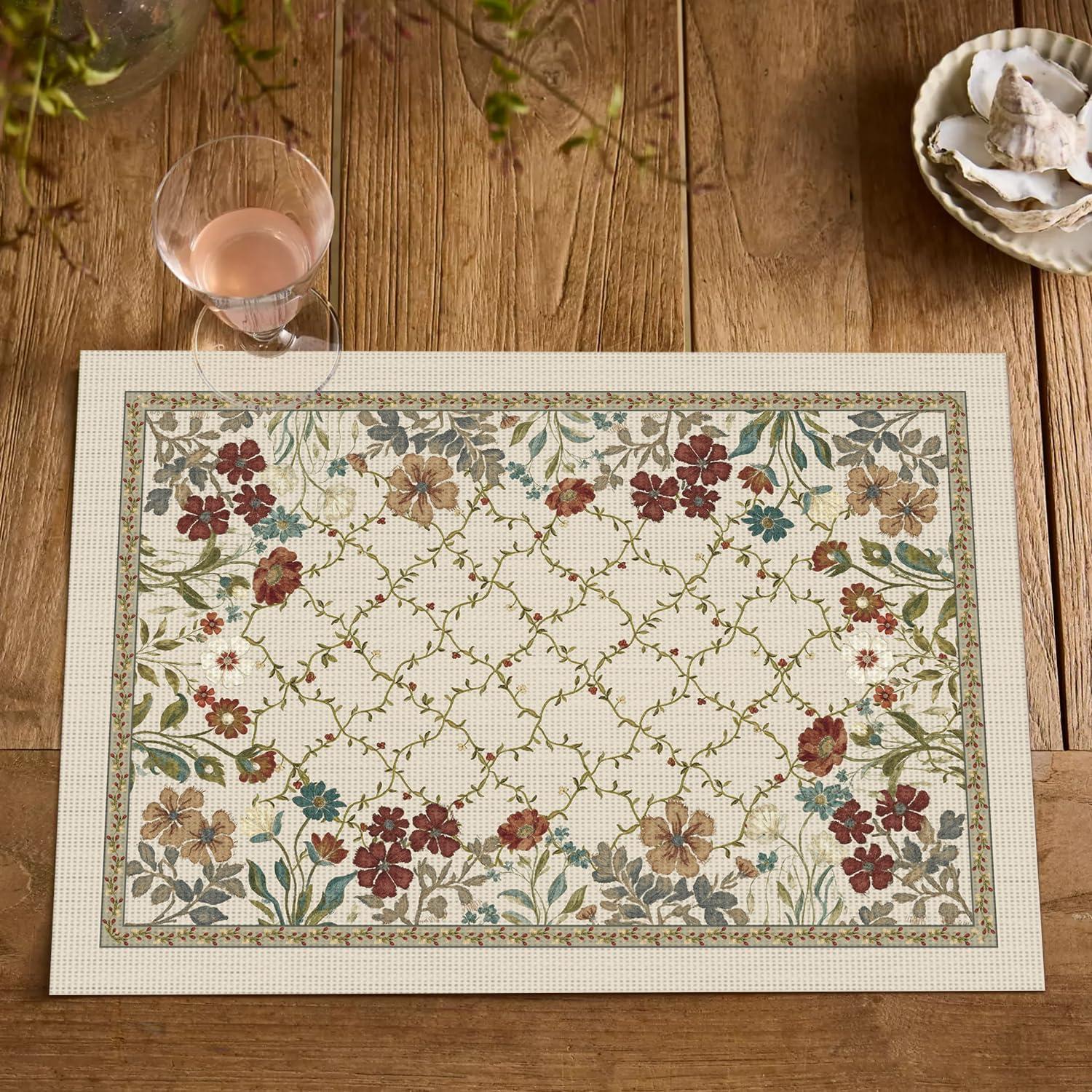 image:imageArtoid Mode Wildflowers Leaves Spring Vinyl Placemats Set of 4 Washable Woven NonSlip Plastic Table Mats for Farmhouse Holiday Party Kitchen Dining Decor