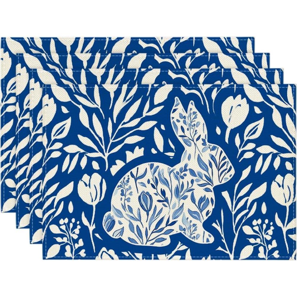 image:imageArtoid Mode Blue Bunny Rabbit Wild Weeds Easter Placemats Set of 4 12x18 Inch Spring Table Mats for Outdoor Home Party Kitchen Dining DecorBlue
